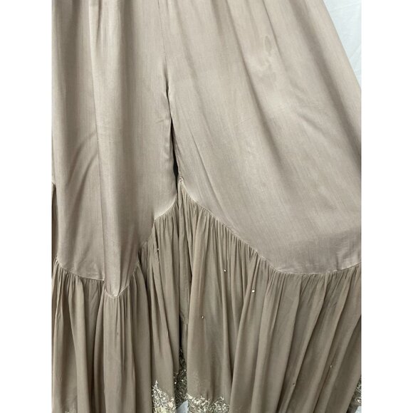 Trousers Elastic Sharara Wide Size M Boho Pants Brown Embroidered Rhinestones - Picture 4 of 9
